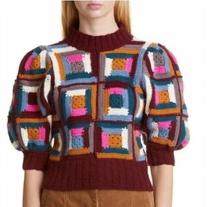 SEA New York Bubble Sleeve Crochet Knit Short Sleeve Wool Sweater Pink size 6